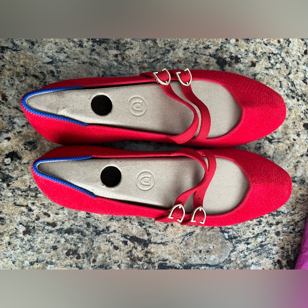 Rothy's Vibrant Red Flats with Blue Accents